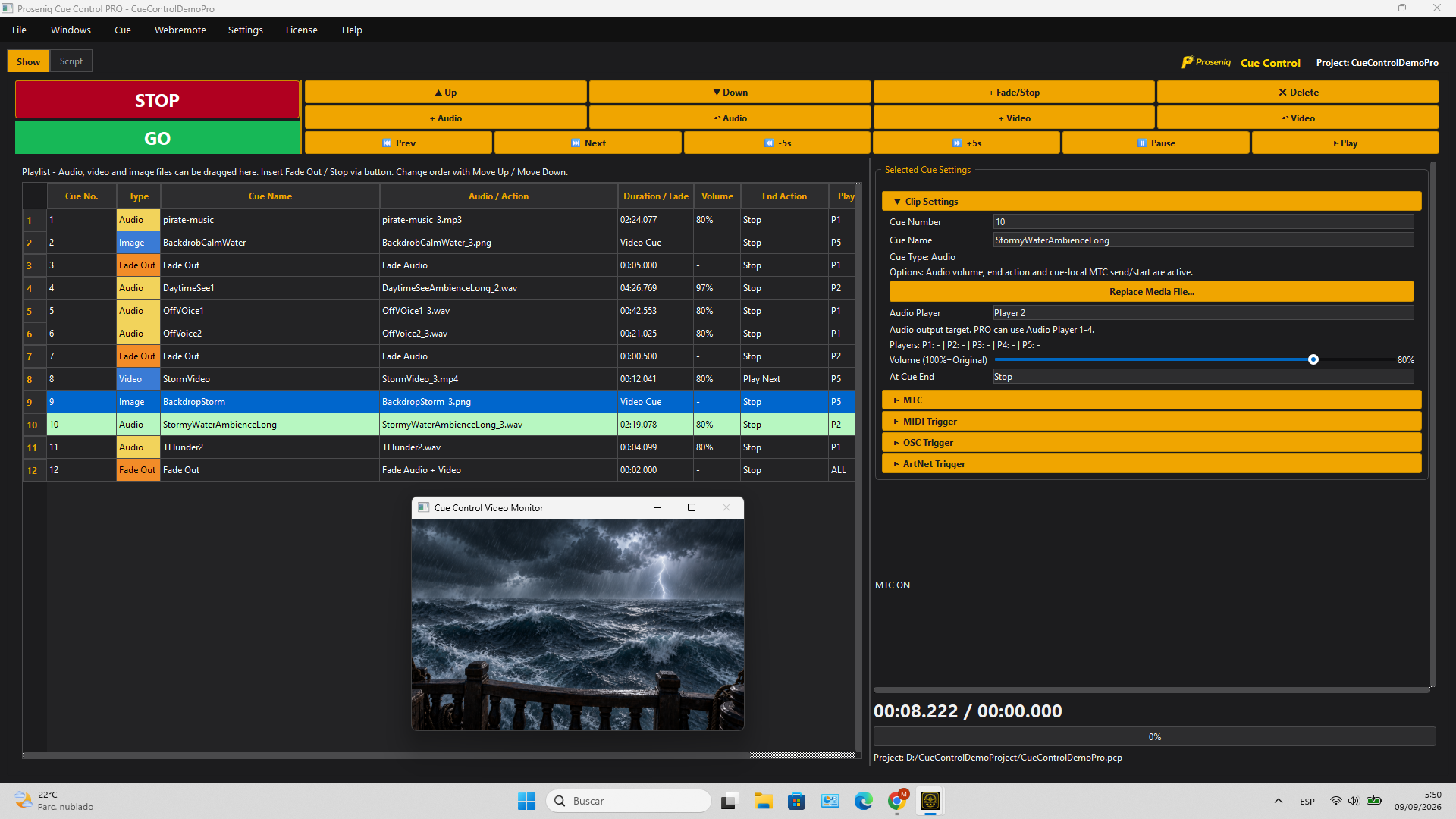 Proseniq Cue Control desktop interface showing a pirate theatre demo cue list