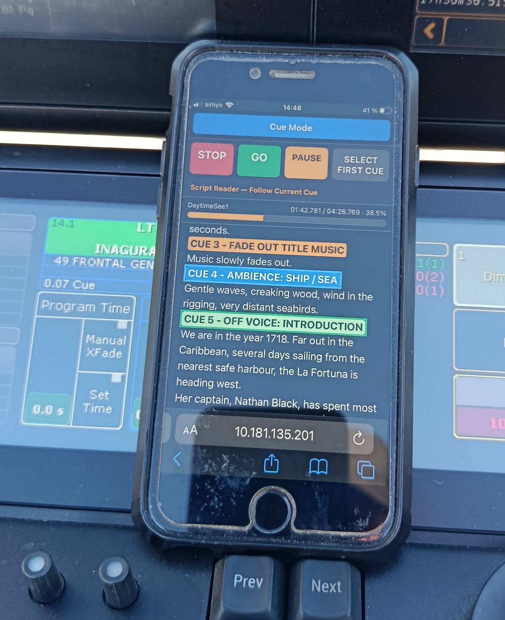 Proseniq Webremote script mode open on a smartphone resting on a lighting console